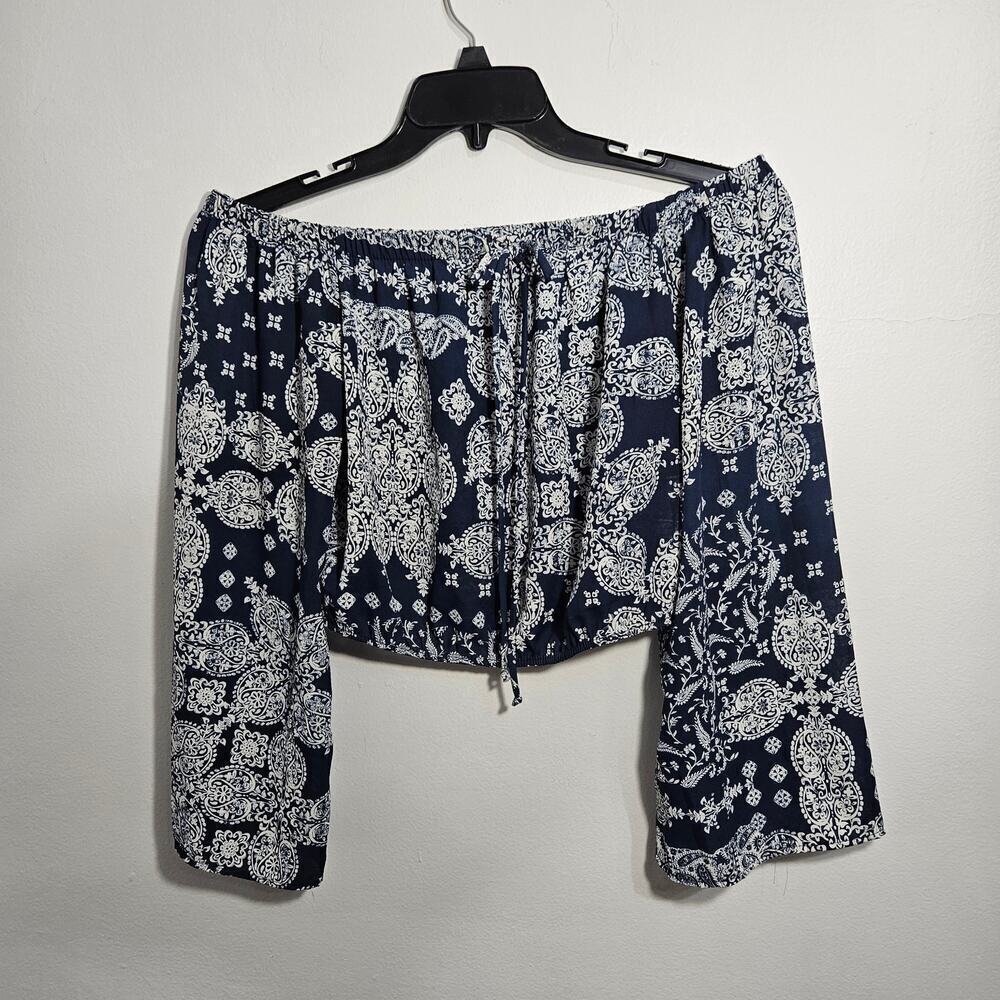 Altar'd State Blue Paisley Crop Off-Shoulder Tie Neck Boho Blouse. Size Small.